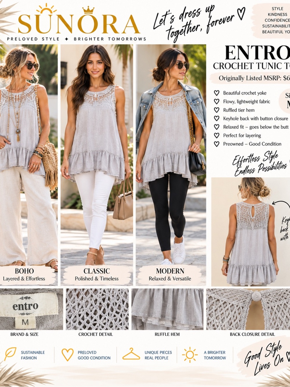 entro Crochet Ruffle Tunic Top - Light Gray